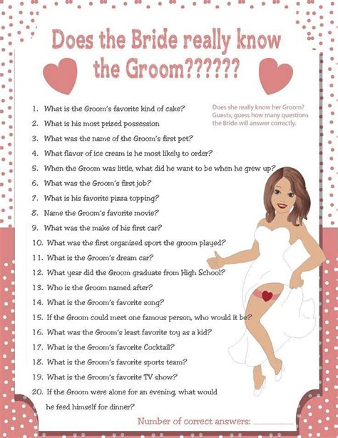 Bride Know Groom Bridal Shower Game Sexy Bride Wedding Shower Game Peachy Pink Couples
