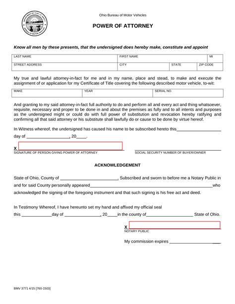 Motor Vehicle Power Of Attorney Form Vehicle Uoi