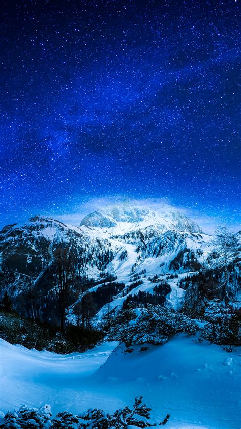 Papeis De Parede 1080x1920 Invierno Céu Estrela Montanhas Neve Noite