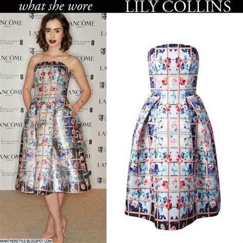 What He Wore Lily Collins In Floral Print Bustier Dress At Lancome Pre