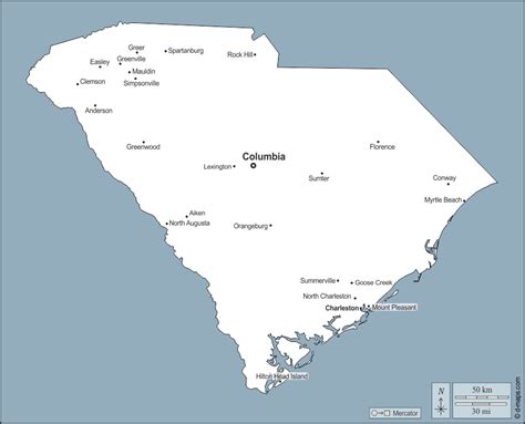 South Carolina Free Map Free Blank Map Free Outline Map Free Base Map Outline Main Cities Names