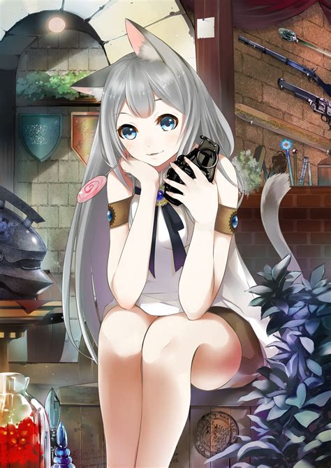 Anime Girl Neko With Gray Hair Blue Eyes Cat Ears Tail Sleeveless Shirt Shorts Lollipop