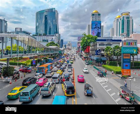 02 09 2023 Bangkok Thailand Heavy Traffic Jam In Front Of Siam