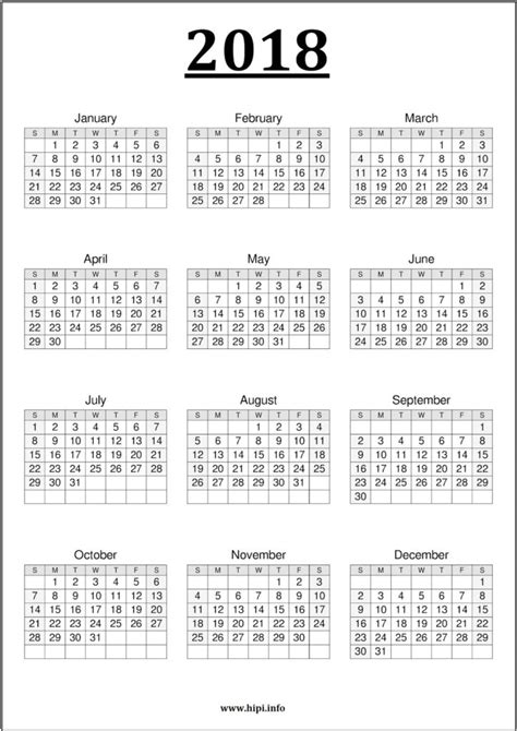 2018 Calendar Printable Free One Page Printable