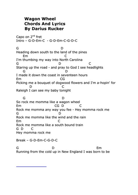 Wagon Wheel Chords And Lyrics By Darius Rucker Printable Pdf Download