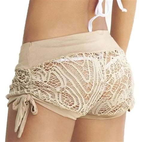 Plus Hollow Shorts Beach Summer Fashion Womens Shorts Drawstring Lace Crochet Elastic Waist Slim