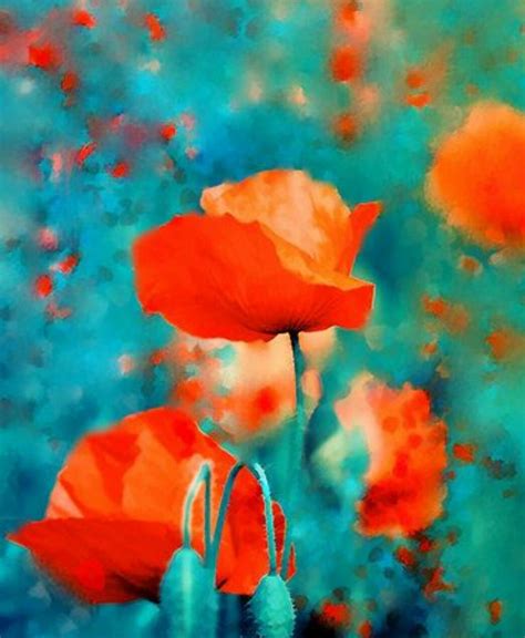 Teal Orange Abstract Flower Art Poppy Art Art