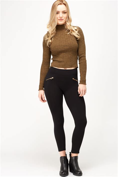 Detailed Zip Front Black Leggings Just 6