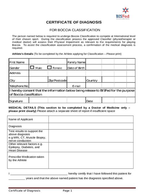 Certificate Of Diagnosis World Boccia Doc Template Pdffiller