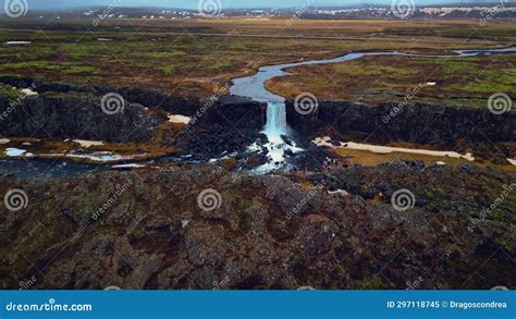 Aerial View Of Oxarafoss Waterfall In Iceland Stock Image Image Of