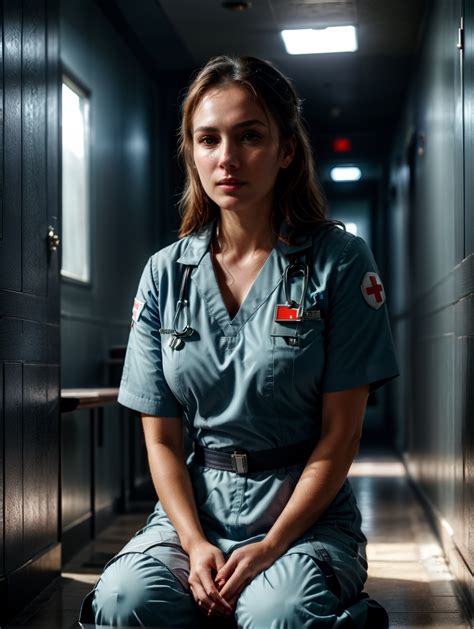 Premium Free Ai Images Portrait Of Female Working Nurse Sitting On The Floor In The Hallway