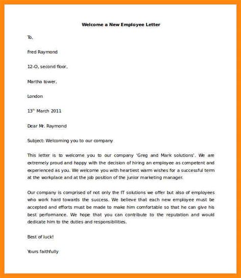 New Employee Welcome Email Template Business