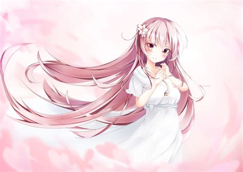 Wallpaper Smiling Necklace White Dress Anime Girl Pink Hair