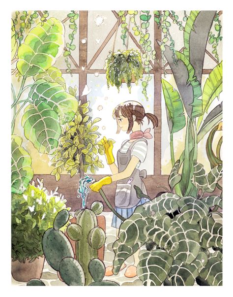Greenhouse Parakid Dreamy Art Anime Art Girl Plant Illustration