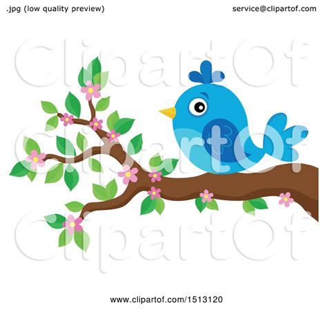 Clipart Of A Blue Bird Perched On A Spring Blossom Branch Royalty
