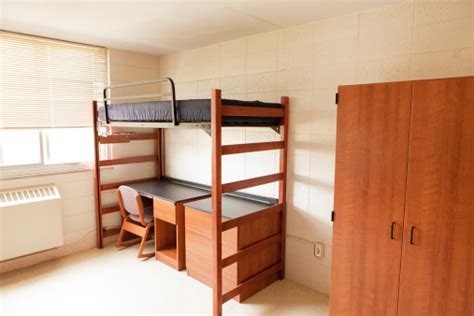 Empty University College Dorm Room With Bunkbed Desk And Closet Stok