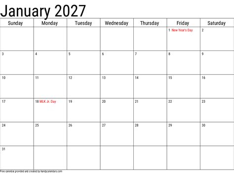 2027 January Calendars Handy Calendars
