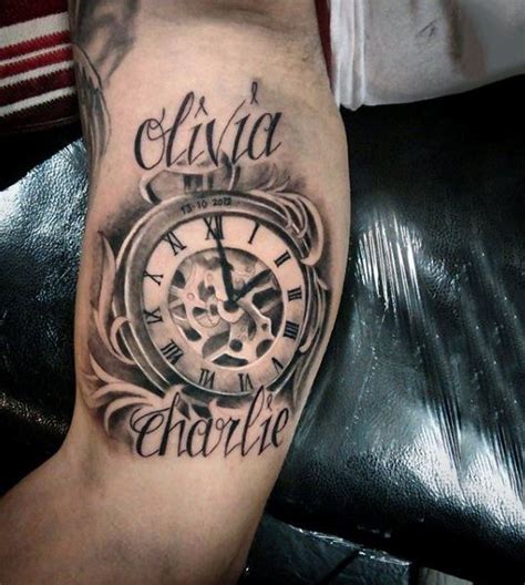 Mens Inner Biceps Antique Roman Numeral Clock Tattoo ...