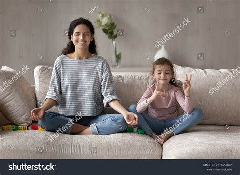 Happy Mother Little Daughter Practicing Yoga Stock Photo 2078658892