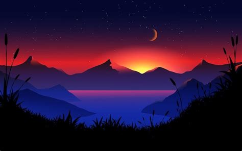 Premium Vector Night Landscape At Mountain Lake With Starry Sky