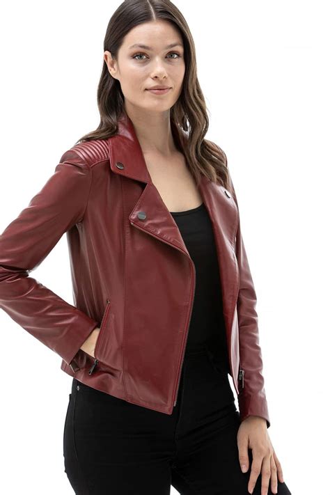Womens 100 Real Dark Red Leather Biker Jacket