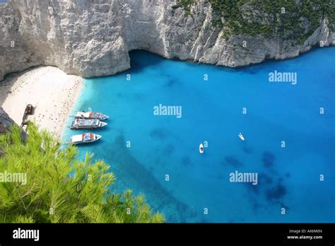 Boats On Beach Shipwreck Bay Zakynthos Ionian Islands Greece Stock