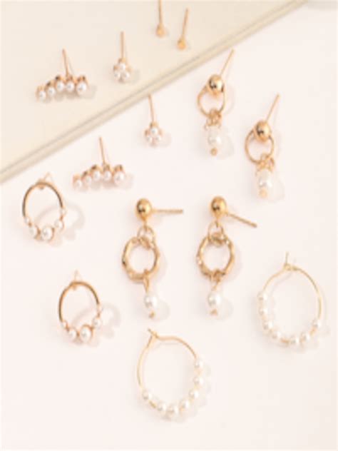 Buy URBANIC Set Of 7 Gold Toned White Beaded Earrings Earrings For