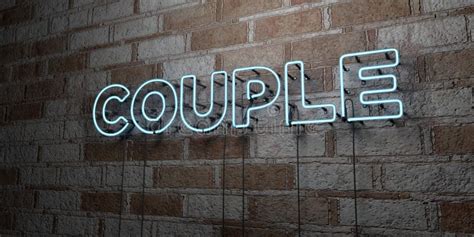 Couple Glowing Neon Sign On Stonework Wall 3d Rendered Royalty Free