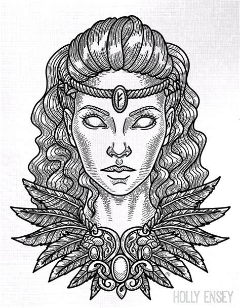 Viking Norse Goddess Freya Line Art Illustration Black Ivy Witch