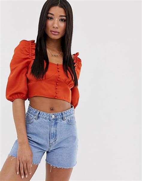 Missguided Square Neck Crop Top With Puff Sleeves In Rust Asos