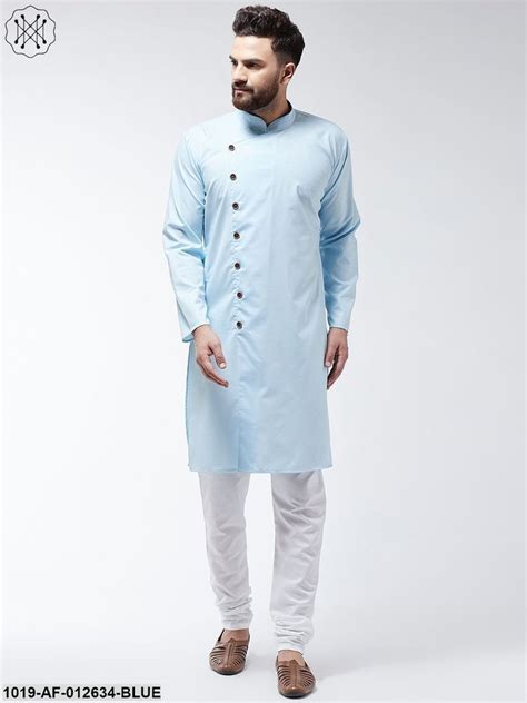 Wedding Plain Cotton Sky Blue Solid Kurta And White Churidar Pyjama Set