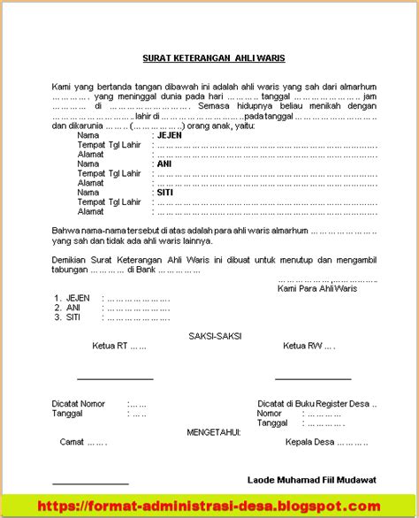 Contoh Surat Keterangan Ahli Waris Desa Kelurahan Format Doc Dan