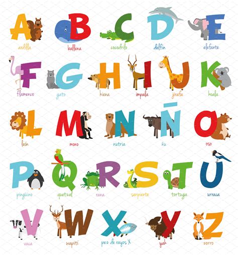 Tutitu animales en español | chimpancé y otros animales. Spanish animal alphabet Vector ~ Illustrations ~ Creative ...