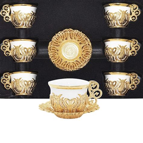 Turkish Arabic Coffee Espresso Cup Saucer Set 6 Person Gold Mix Color