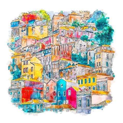 Porto Portugal Esboço Em Aquarela Ilustração Desenhada à Mão Vetor