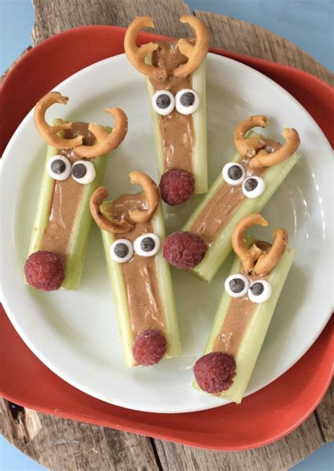 Healthy Reindeer Celery Sticks With Peanut Butter Raspberry Edible