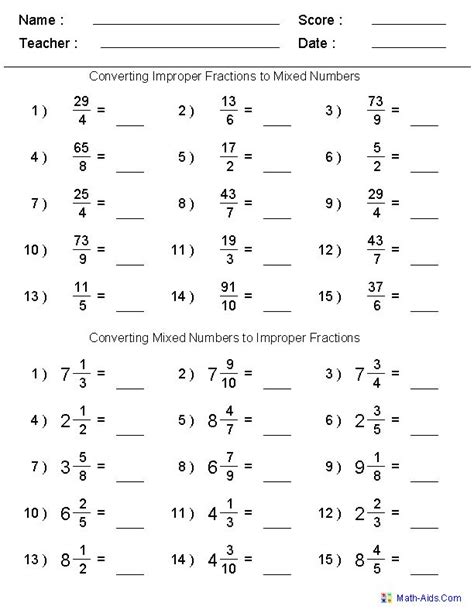 Improper Fraction And Mixed Number Worksheet