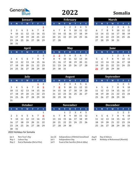 2022 Somalia Calendar With Holidays