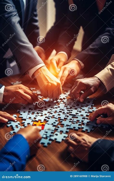 Concept Of Teamwork And Partnership Hands Join Puzzle Pieces In The