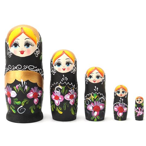 New 5pcsset Matryoshka Russian Nesting Dolls Babushka Wooden Black T Flowers Nesting Dolls