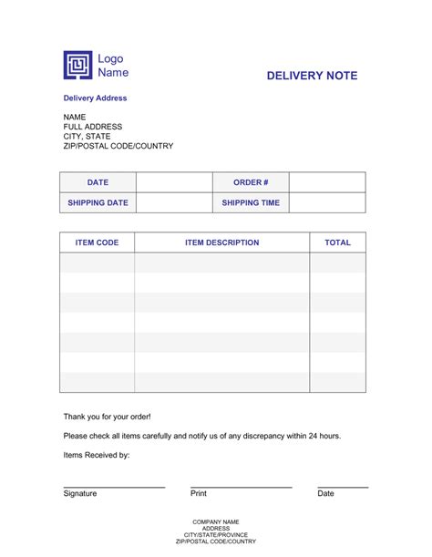 Delivery Note Template Free Download Pdf Printable Templates