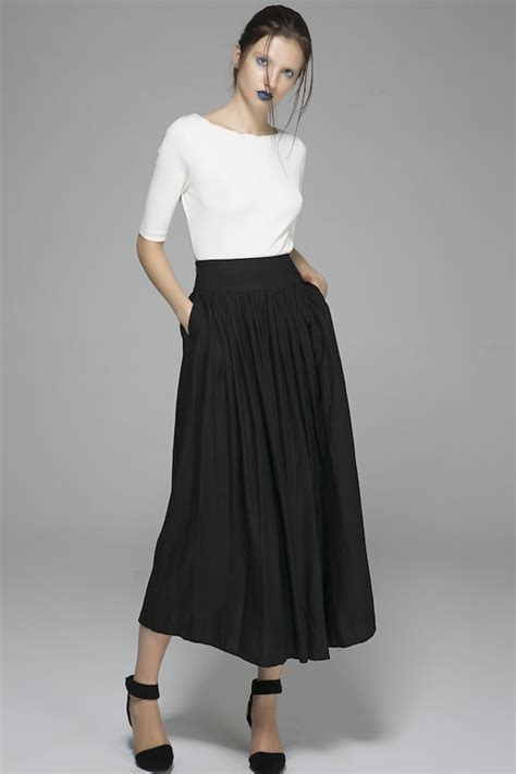 Black Maxi Skirt Pleated Skirt Long Skirt Linen Skirt