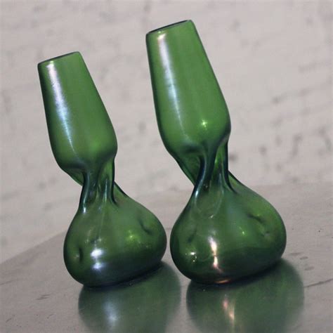 Pair Of Green Bohemian Glass Vases In Style Of Loetz Warehouse 414