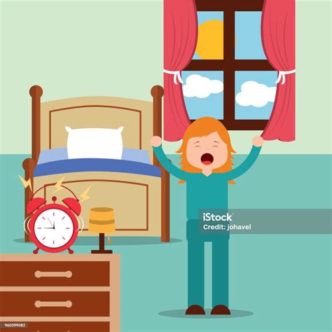 Girl Waking Up And Stertching Near Bed At Home Stock Illustration