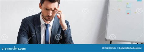 Businessman With Headache Holding Hand Near Stock Image Image Of