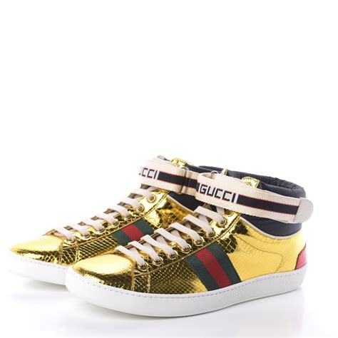 Gucci Metallic Snakeskin Womens New Ace High Top Sneakers 415 Oro 614154