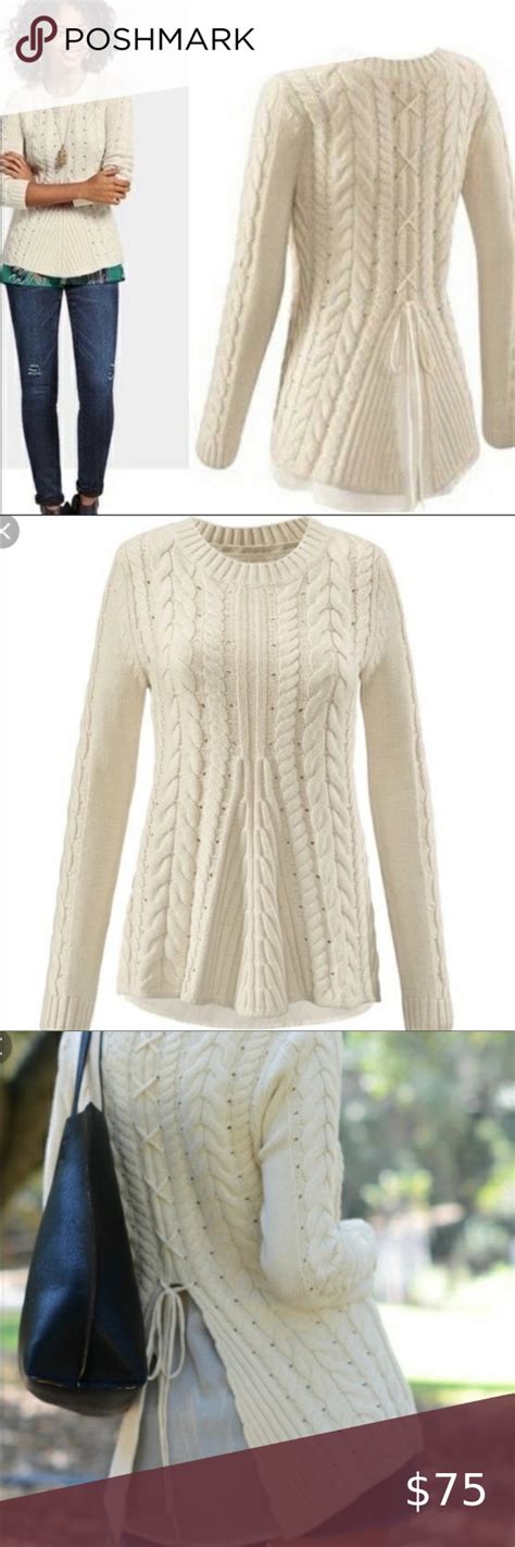 Cabi Lace Up Cable Knit Sweater Ivory Cream Htf Yellow Knit Sweater