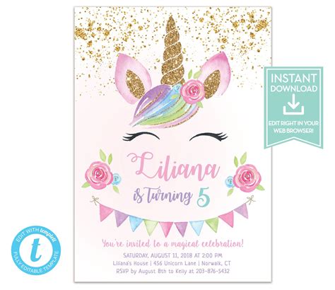 Unicorn Birthday Invitation Instant Download Unicorn Party Etsy In