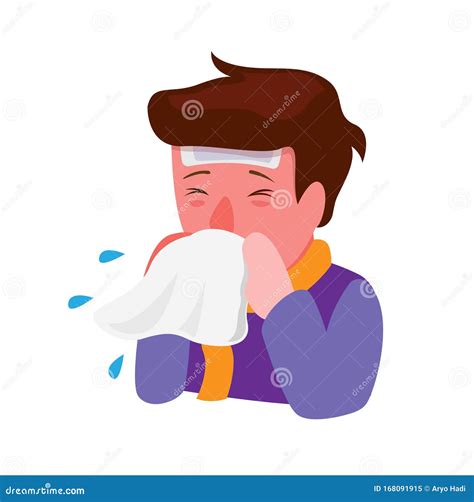 Man Sneezing Ill Fever Sick With Influenza Cartoon Flat Illustration