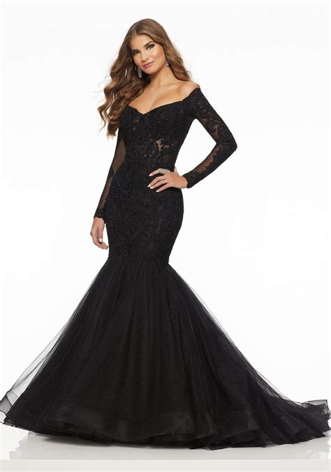 beaded lace appliqués on tulle over sparkle net morilee long sleeve mermaid prom dress